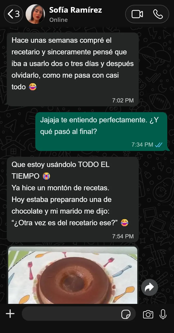 Mensaje de Sofía: compró el recetario y lo usa todo el tiempo
