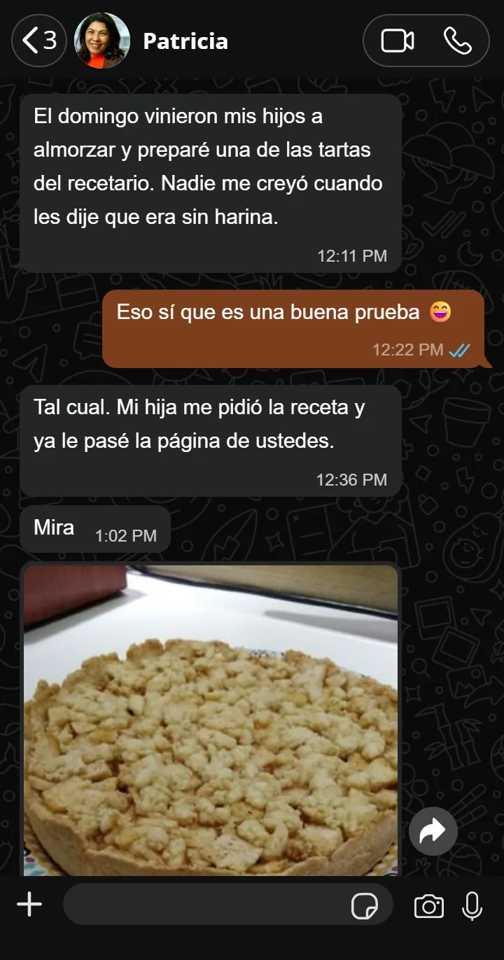 Mensaje de Patricia: preparó una tarta del recetario para sus hijos